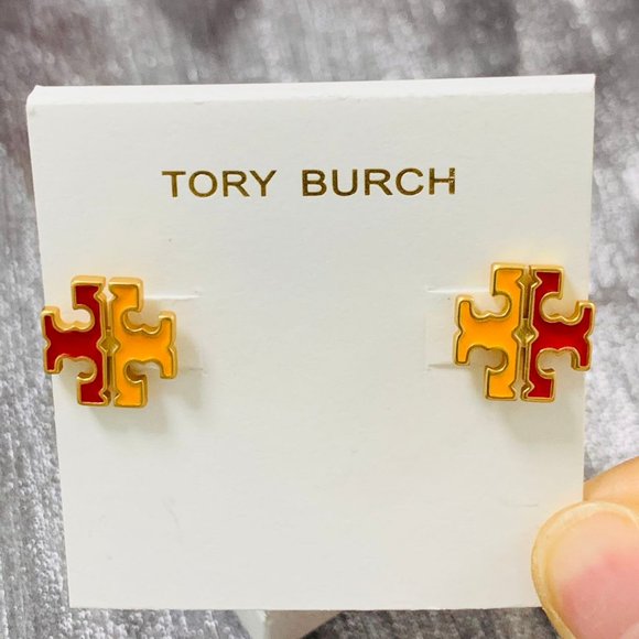 TORY BURCH Earrings • Gold Red Logo Mustard Yellow Earrings - Picture 12 of 13